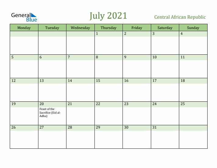 July 2021 Calendar with Central African Republic Holidays