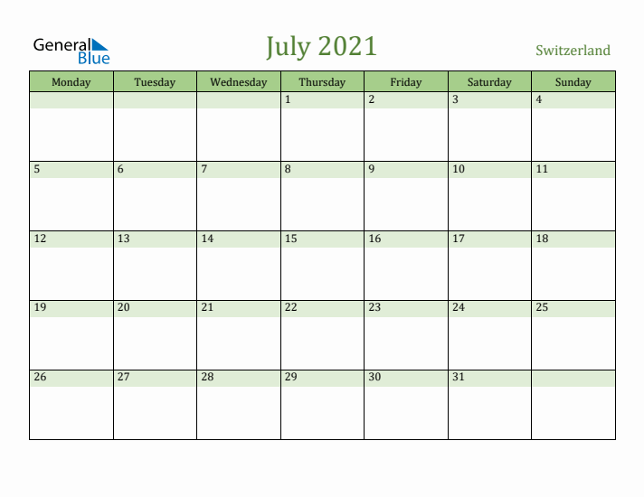 July 2021 Calendar with Switzerland Holidays
