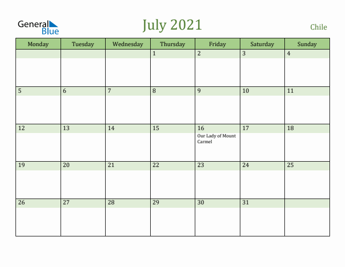 July 2021 Calendar with Chile Holidays