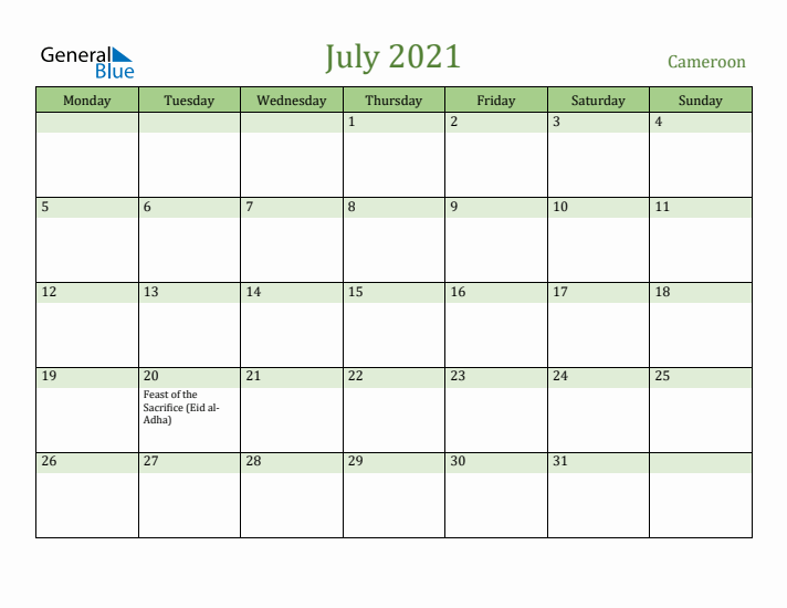 July 2021 Calendar with Cameroon Holidays