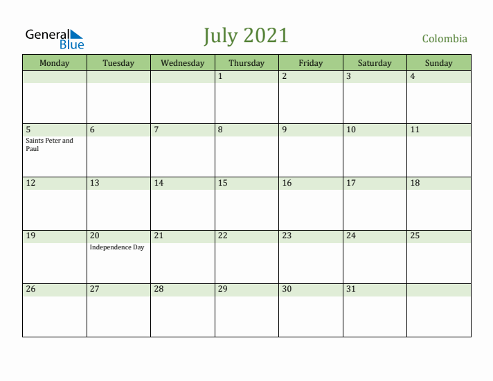 July 2021 Calendar with Colombia Holidays