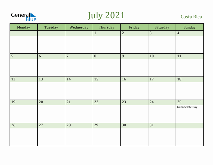July 2021 Calendar with Costa Rica Holidays