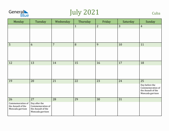 July 2021 Calendar with Cuba Holidays