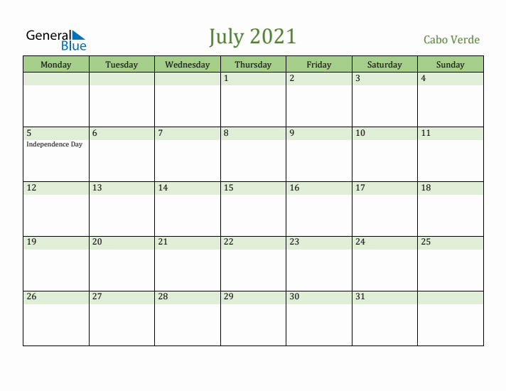 July 2021 Calendar with Cabo Verde Holidays
