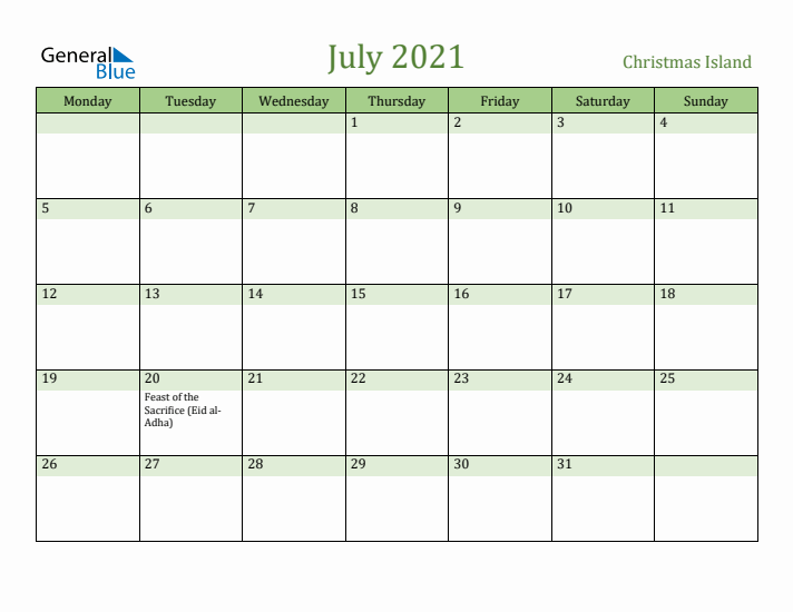 July 2021 Calendar with Christmas Island Holidays
