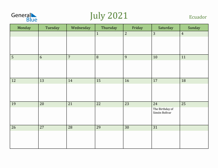 July 2021 Calendar with Ecuador Holidays