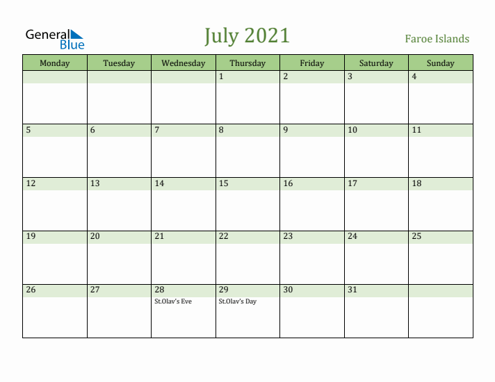 July 2021 Calendar with Faroe Islands Holidays