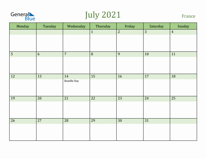 July 2021 Calendar with France Holidays
