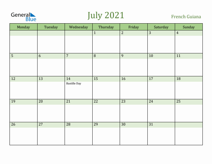 July 2021 Calendar with French Guiana Holidays