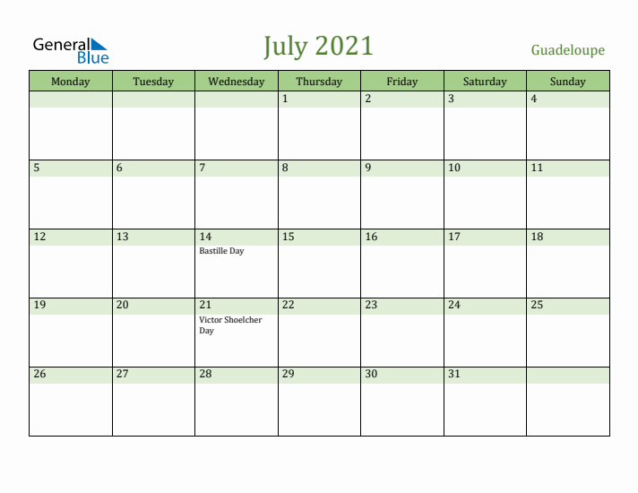 July 2021 Calendar with Guadeloupe Holidays