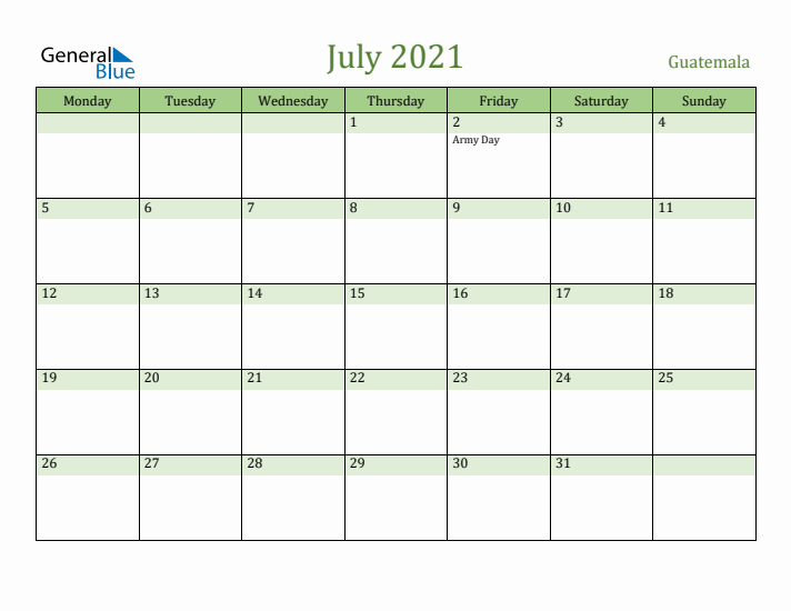 July 2021 Calendar with Guatemala Holidays