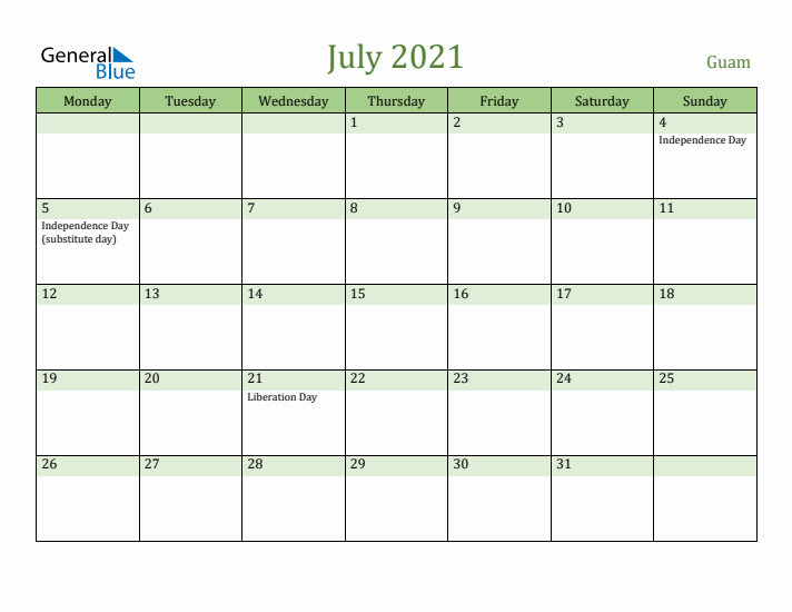 July 2021 Calendar with Guam Holidays