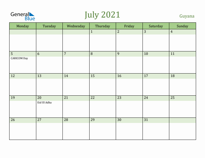 July 2021 Calendar with Guyana Holidays