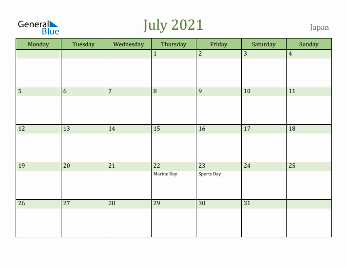 July 2021 Calendar with Japan Holidays
