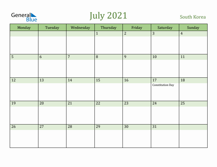 July 2021 Calendar with South Korea Holidays