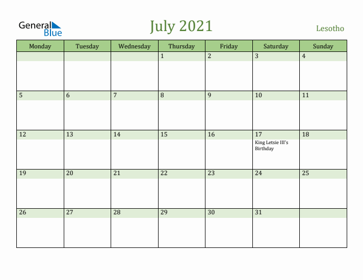 July 2021 Calendar with Lesotho Holidays