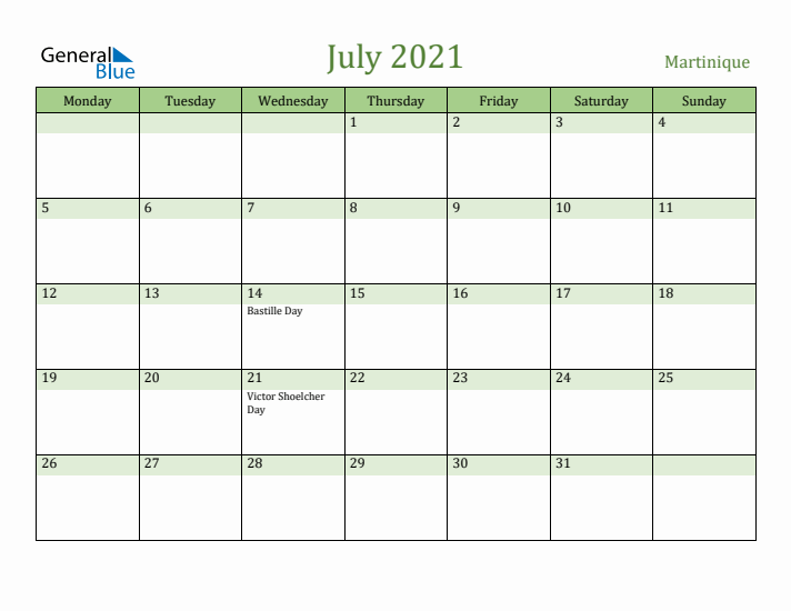 July 2021 Calendar with Martinique Holidays