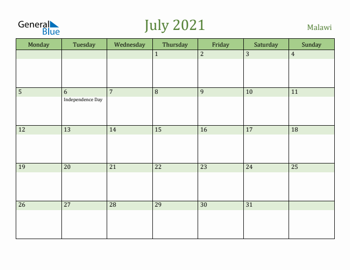 July 2021 Calendar with Malawi Holidays