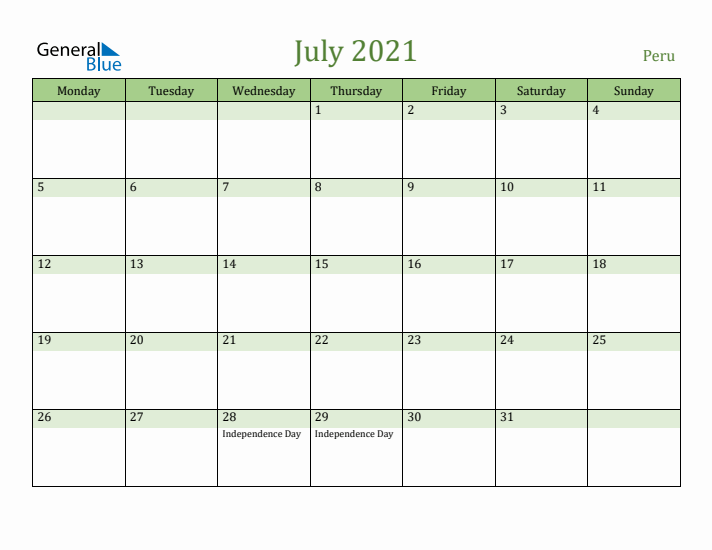 July 2021 Calendar with Peru Holidays
