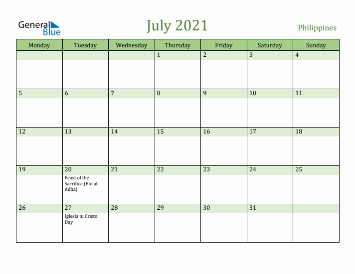 July 2021 Calendar with Philippines Holidays