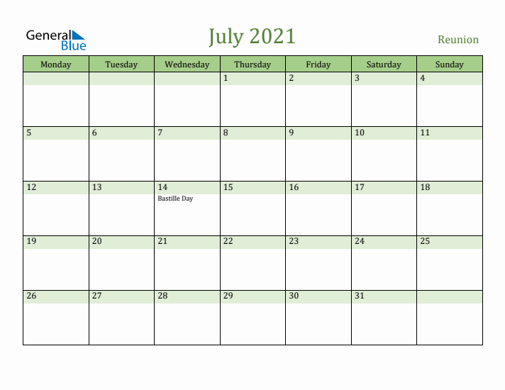 July 2021 Calendar with Reunion Holidays