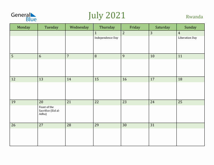 July 2021 Calendar with Rwanda Holidays