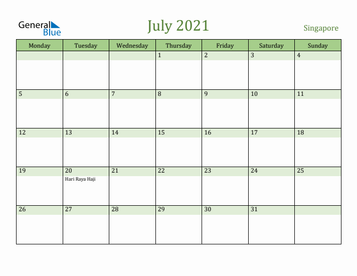 July 2021 Calendar with Singapore Holidays