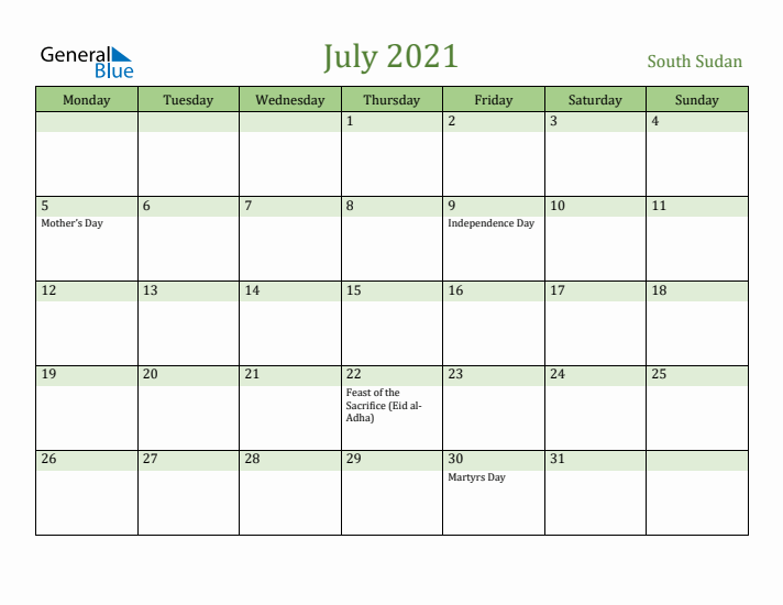 July 2021 Calendar with South Sudan Holidays