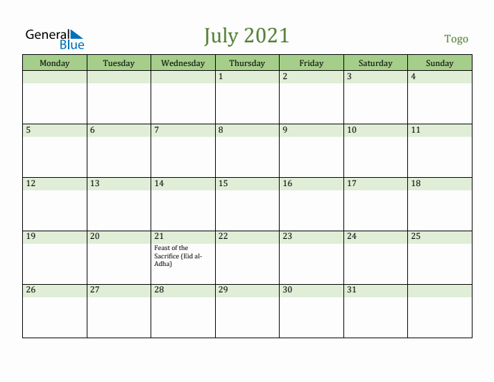 July 2021 Calendar with Togo Holidays