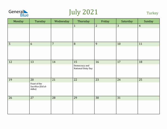 July 2021 Calendar with Turkey Holidays