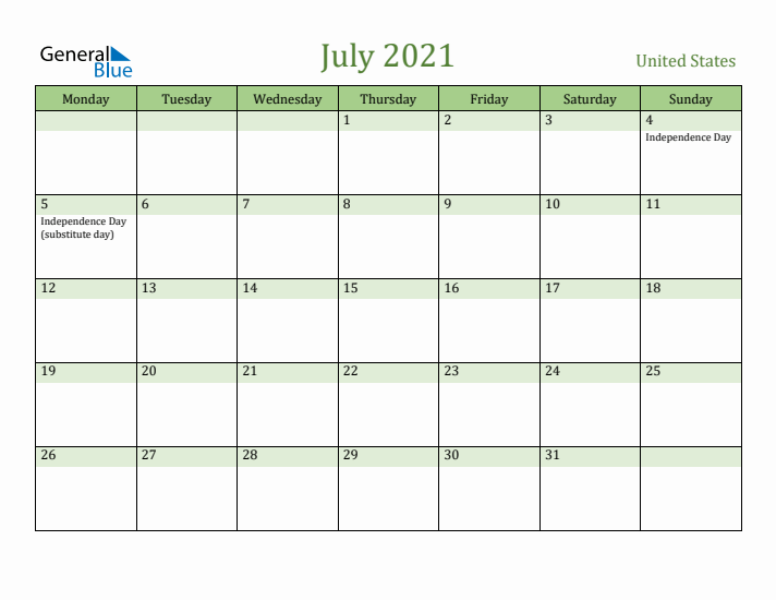July 2021 Calendar with United States Holidays