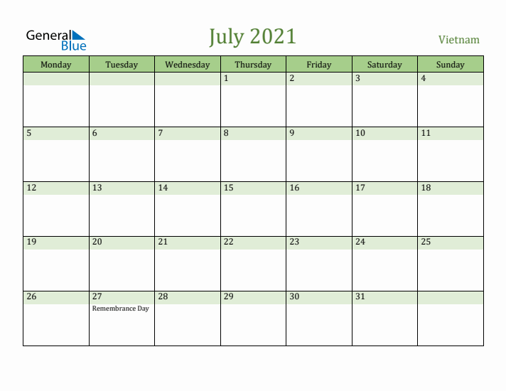 July 2021 Calendar with Vietnam Holidays