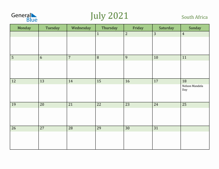 July 2021 Calendar with South Africa Holidays