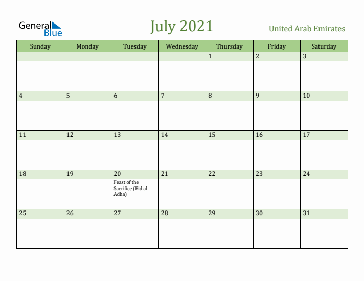 July 2021 Calendar with United Arab Emirates Holidays