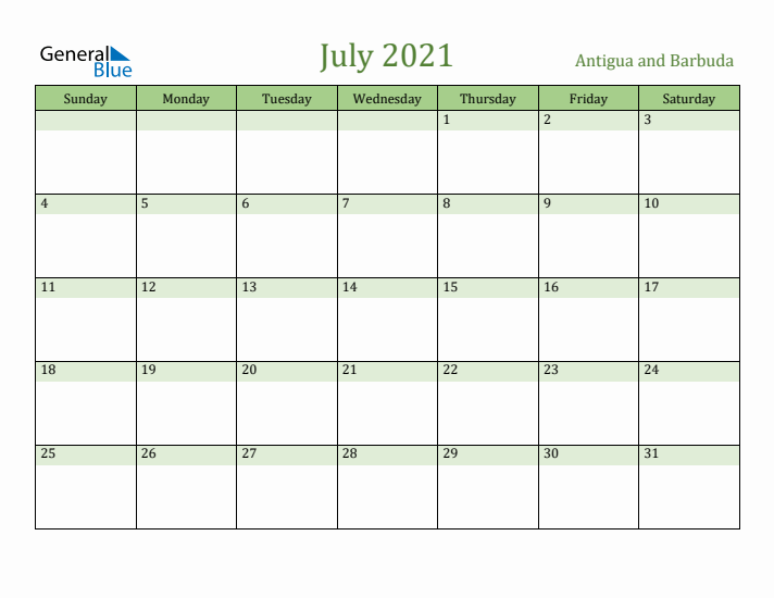 July 2021 Calendar with Antigua and Barbuda Holidays