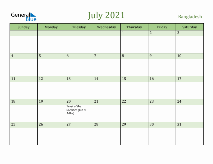 July 2021 Calendar with Bangladesh Holidays