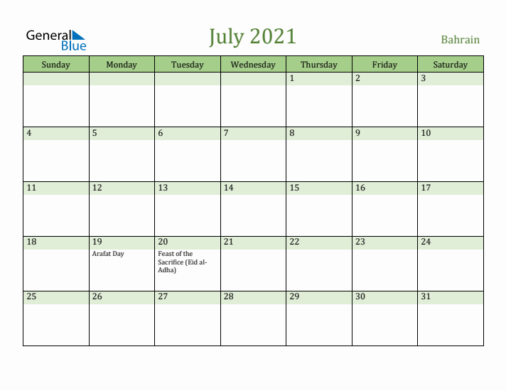 July 2021 Calendar with Bahrain Holidays