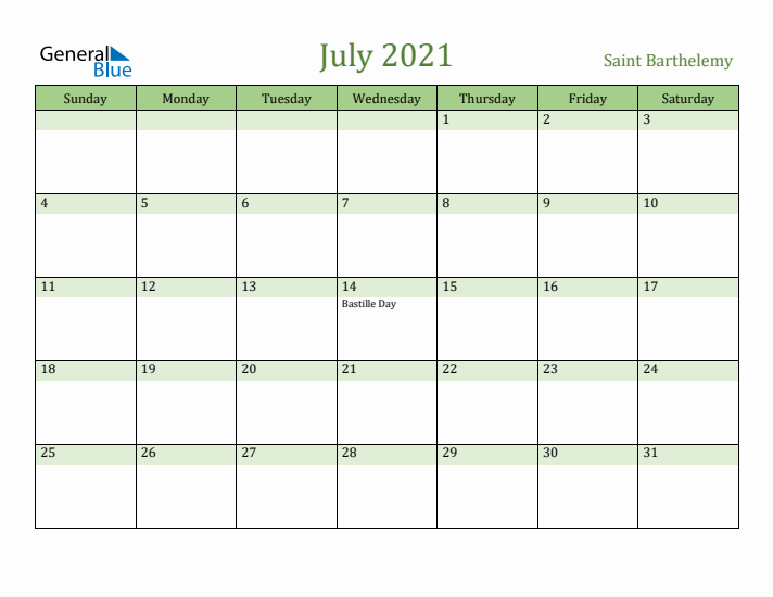 July 2021 Calendar with Saint Barthelemy Holidays