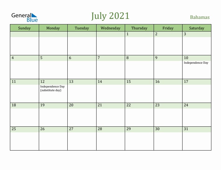 July 2021 Calendar with Bahamas Holidays