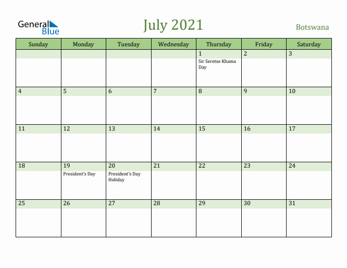July 2021 Calendar with Botswana Holidays