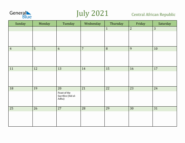 July 2021 Calendar with Central African Republic Holidays