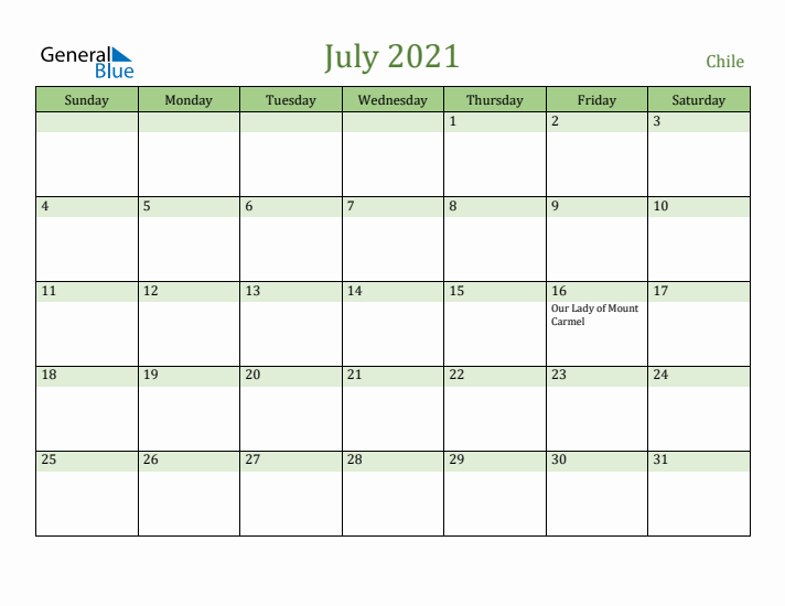 July 2021 Calendar with Chile Holidays