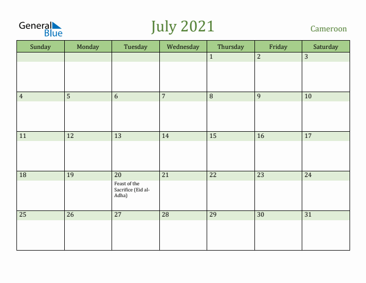 July 2021 Calendar with Cameroon Holidays