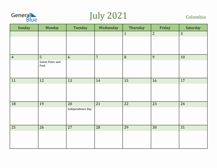 July 2021 Calendar with Colombia Holidays