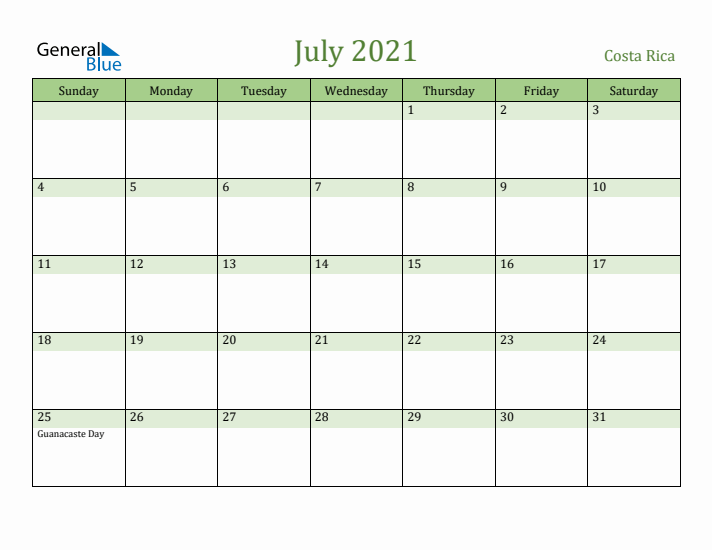 July 2021 Calendar with Costa Rica Holidays