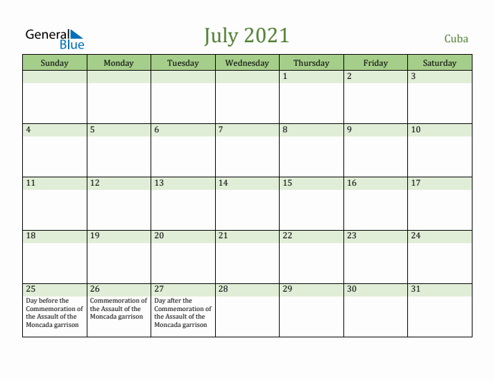 July 2021 Calendar with Cuba Holidays