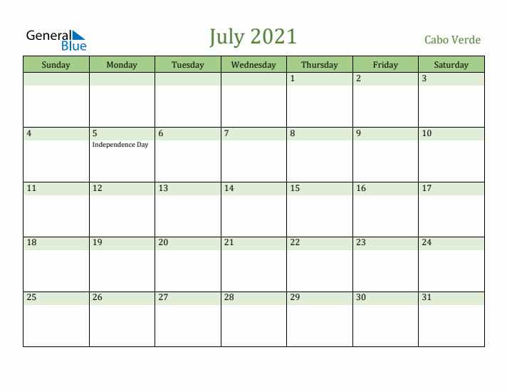 July 2021 Calendar with Cabo Verde Holidays