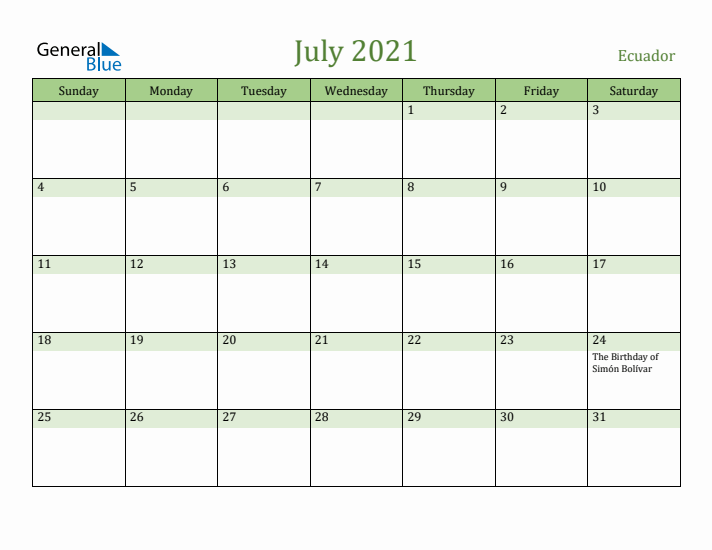 July 2021 Calendar with Ecuador Holidays