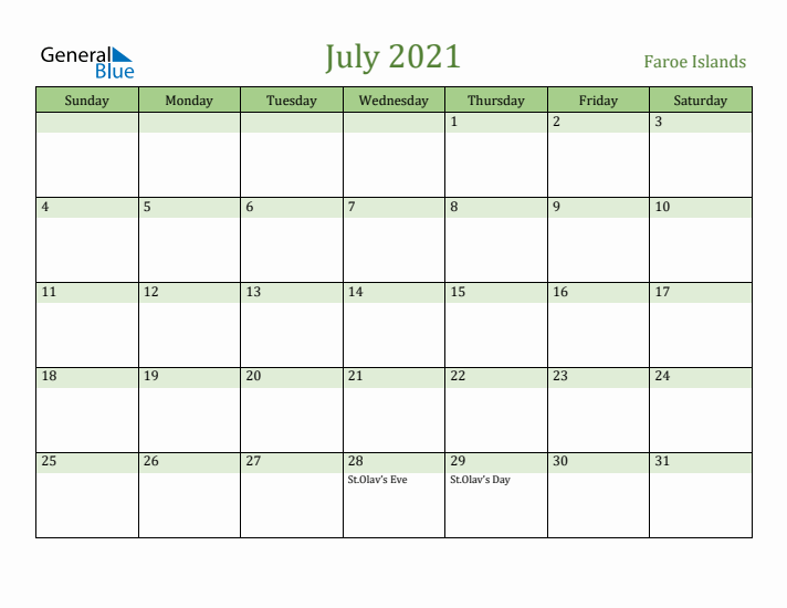 July 2021 Calendar with Faroe Islands Holidays