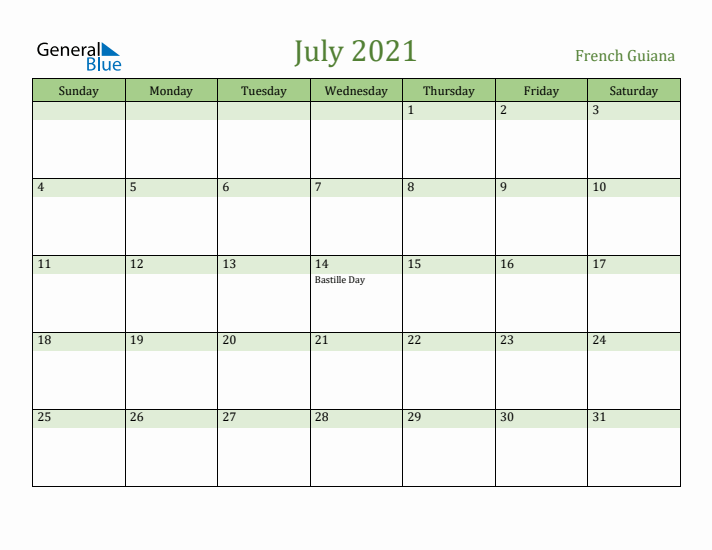 July 2021 Calendar with French Guiana Holidays